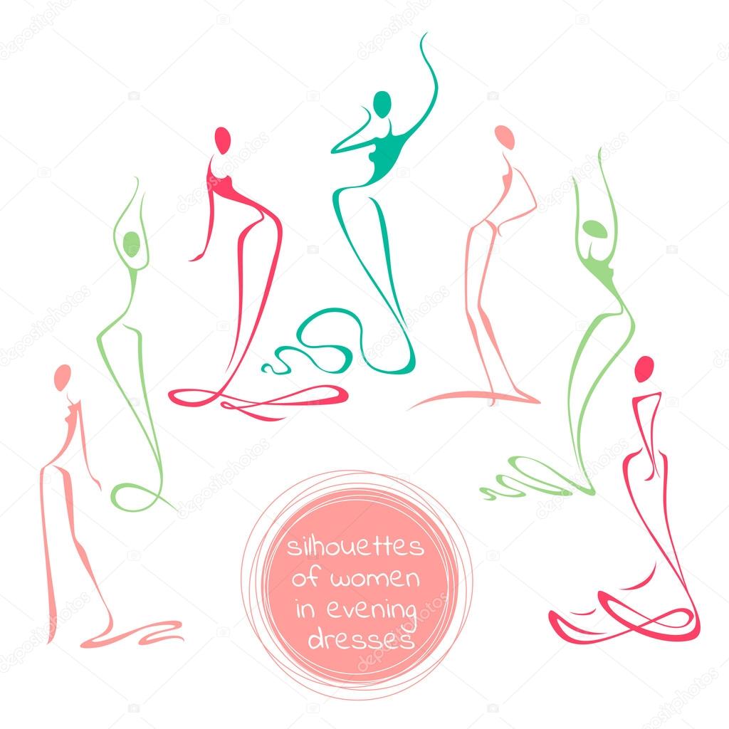 Collection of stylized silhouettes of dancing women in long evening dresses, element of the logo.Set of fashion models silhouettes. Vector illustration isolated on white in outline style