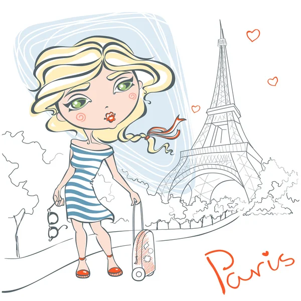 Cute girl with a suitcase on background of the Eiffel tower. — Stock Vector