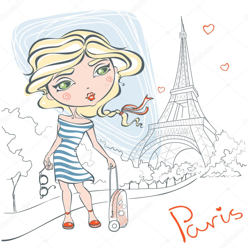 Cute girl with a suitcase on background of the Eiffel tower.