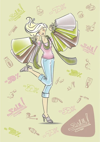 Ευτυχισμένο κορίτσι με τσάντες για ψώνια — Διανυσματικό Αρχείο