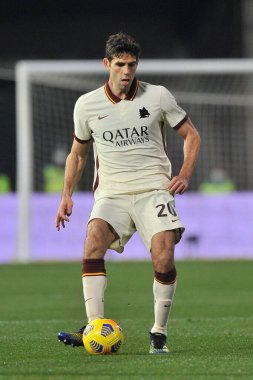 Roma 'nın Federico Fazio oyuncusu, Benevento ile Roma arasındaki İtalya SerieA şampiyonası final maçı sırasında Benevento' daki Ciro Vigorito stadyumunda oynanan karşılaşma 0-0 ile sonuçlandı. İtalya, 21 Şubat 2021. 