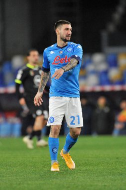 Napoli 'li Matteo Politano oyuncusu, Napoli-Spezia maçının çeyrek final maçında, Napoli' deki Diego Armando Maradona Stadyumu 'nda oynanan 4-2' lik final maçında. İtalya, 28 Ocak 2021. 