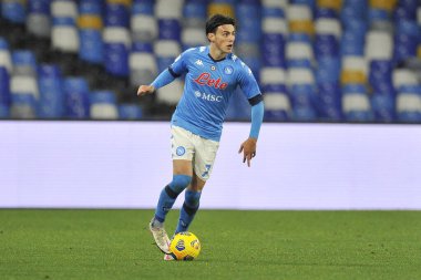 Napoli 'li Eljif Elmas, Napoli-Spezia maçının çeyrek final maçında, Napoli' deki Diego Armando Maradona Stadyumu 'nda oynanan 4-2' lik final maçında oynadı. İtalya, 28 Ocak 2021. 
