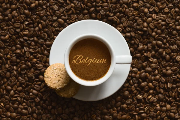Stillleben - Kaffee mit belgischem Text — Stockfoto