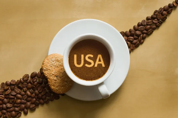 Natureza morta - café com texto EUA — Fotografia de Stock