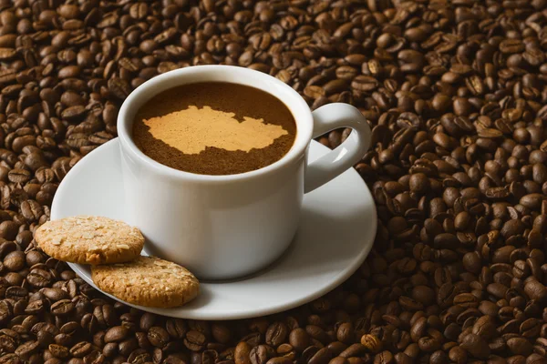 Stillleben - Kaffee mit Karte der Tschechischen Republik — Stockfoto