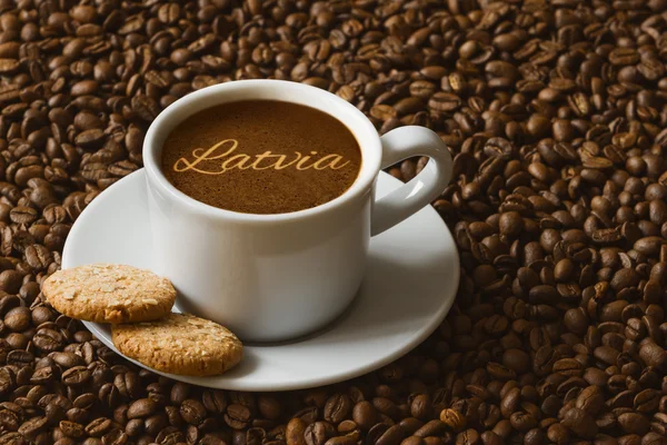 Stillleben - Kaffee mit Text Lettland — Stockfoto