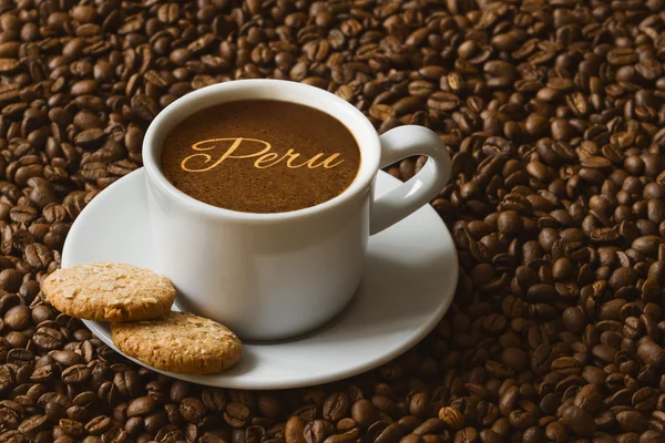 Still life - coffee with text Peru — Stock Photo, Image