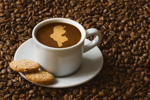 Натюрморт - кофе с картой Туниса — стоковое фото