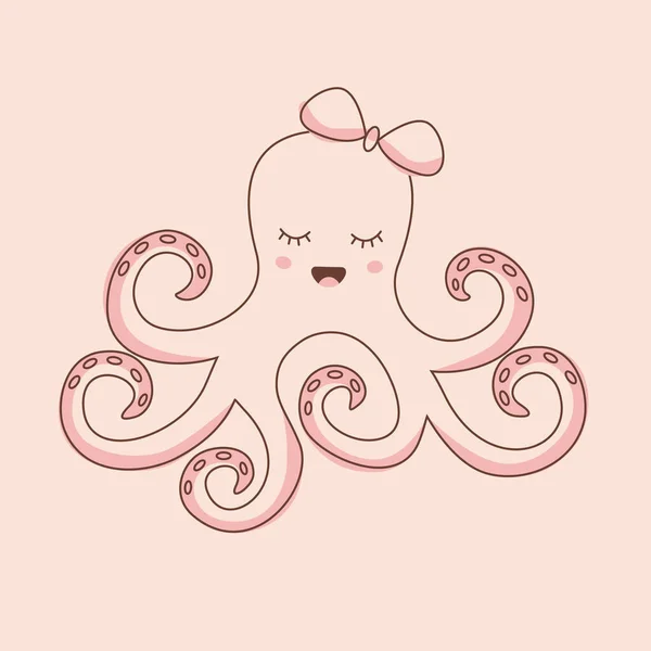 Roztomilá Růžová Kawaiská Chobotnice Lukem Hlavě Plochý Ilustrační Vektor — Stockový vektor