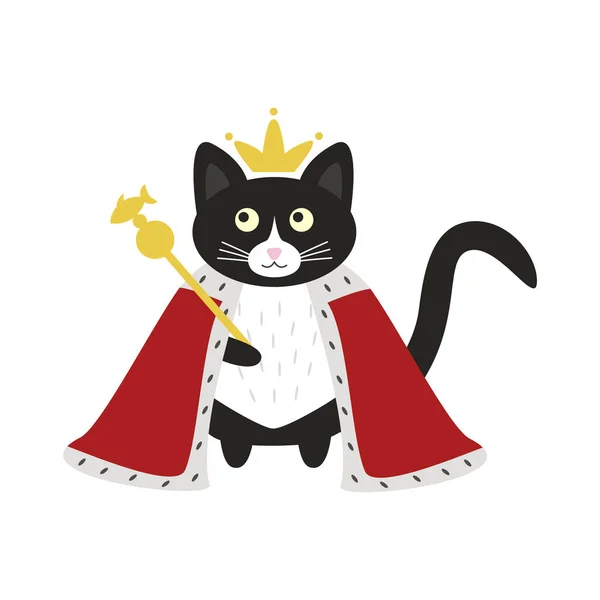 Cute Cat King Crown Mantle Scepter Doodle Flat Vector Illustration — Stock Vector