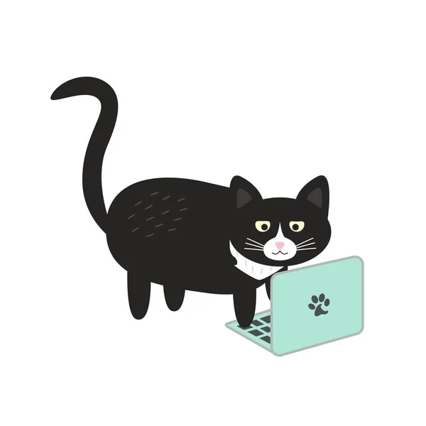 Lindo Gato Negro Está Escribiendo Portátil Ilustración Vectores Planos Doodle — Vector de stock