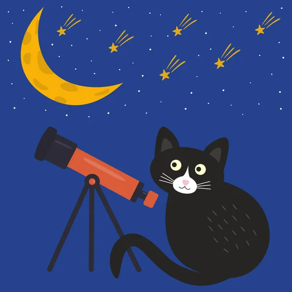 Grazioso Gatto Nero Guarda Luna Attraverso Telescopio Uno Sfondo Blu — Vettoriale Stock