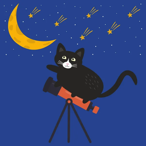 Lindo Gato Negro Sienta Telescopio Tira Pata Luna Sobre Fondo — Vector de stock