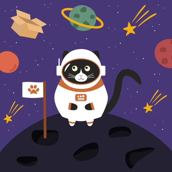 Roztomilý Černý Kočičí Astronaut Skafandru Viděl Krabici Kosmickém Purpurovém Pozadí Vektorová Grafika
