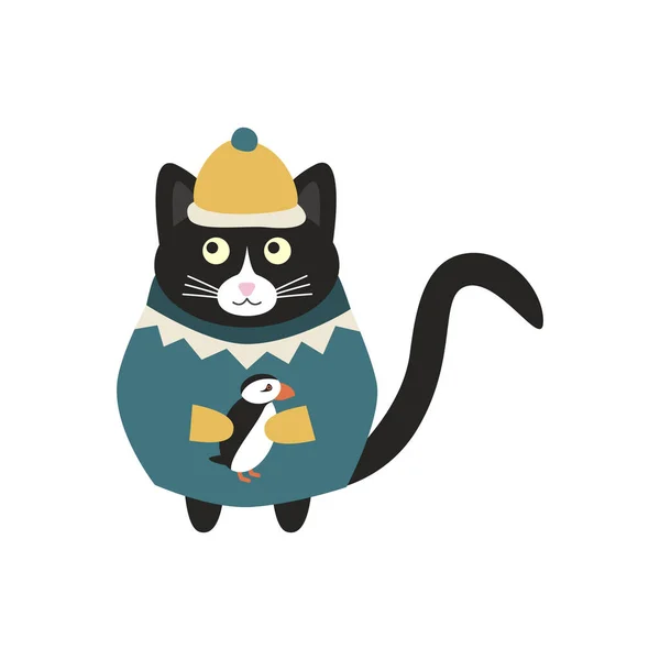 Lindo Gato Blanco Negro Icelandés Con Una Gorra Amarilla Suéter — Vector de stock