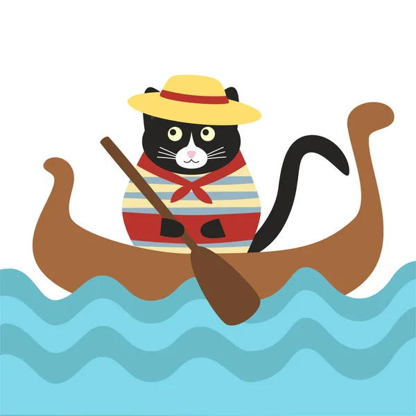 Góndolo Gato Italiano Lindo Barco Las Olas Gato Con Una — Vector de stock
