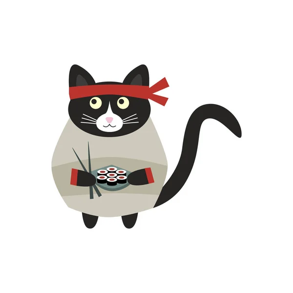 Cute Japonês Gato Cozinheiro Quimono Cinza Com Prato Sushi Suas —  Vetores de Stock