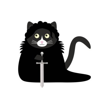 Siyah pelerinli, pençesinde kılıç olan sevimli siyah kedi Jon Snow. Doodle düz çizim vektörü