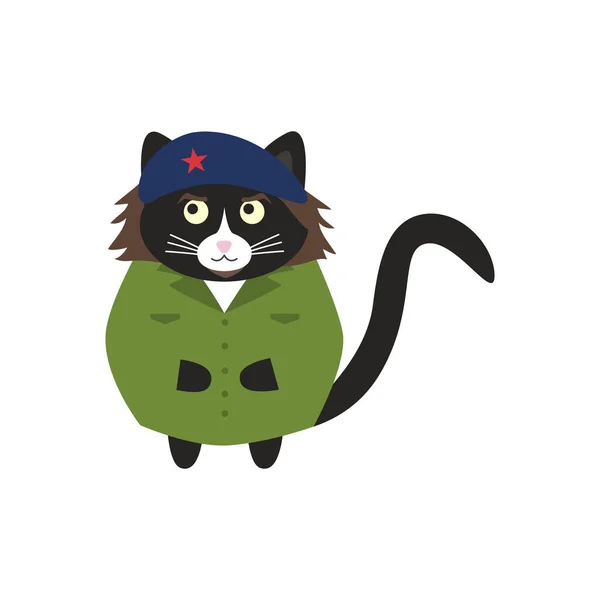 Cute Cuban Black Cat Military Green Shirt Blue Beret Red — Stock Vector