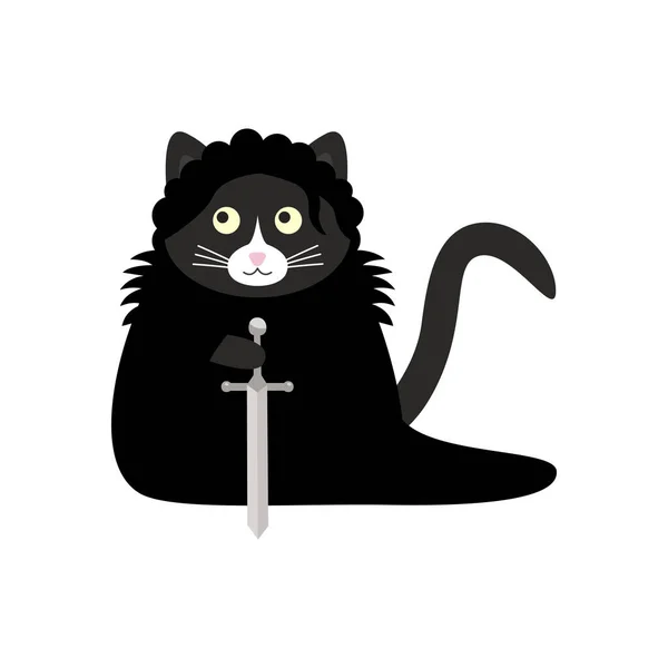 Cute Black Cat Jon Snow Black Cloak Sword His Paws — Stock Vector