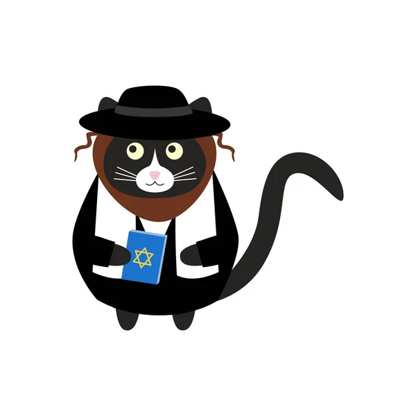 Lindo Rabino Gato Negro Traje Negro Sombrero Negro Con Libro — Vector de stock