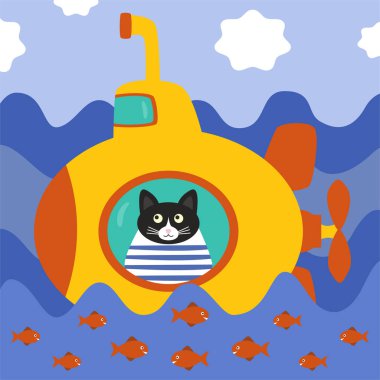 Sarı bir denizaltıda oturan ve deniz dalgalarında yüzen çizgili yelek giymiş sevimli siyah kedi. Doodle düz çizim vektörü