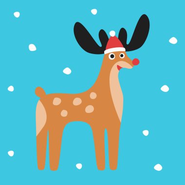 Mavi arka planda kar taneleri olan Noel Baba şapkalı çılgın bir geyik. Noel kartı. Doodle düz çizim vektörü