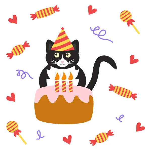 背景には赤いハートとキャンディが入った多色のキャップの中に誕生日ケーキ付きのかわいい黒猫 誕生日の挨拶カード 落書きベクトルイラスト — ストックベクタ