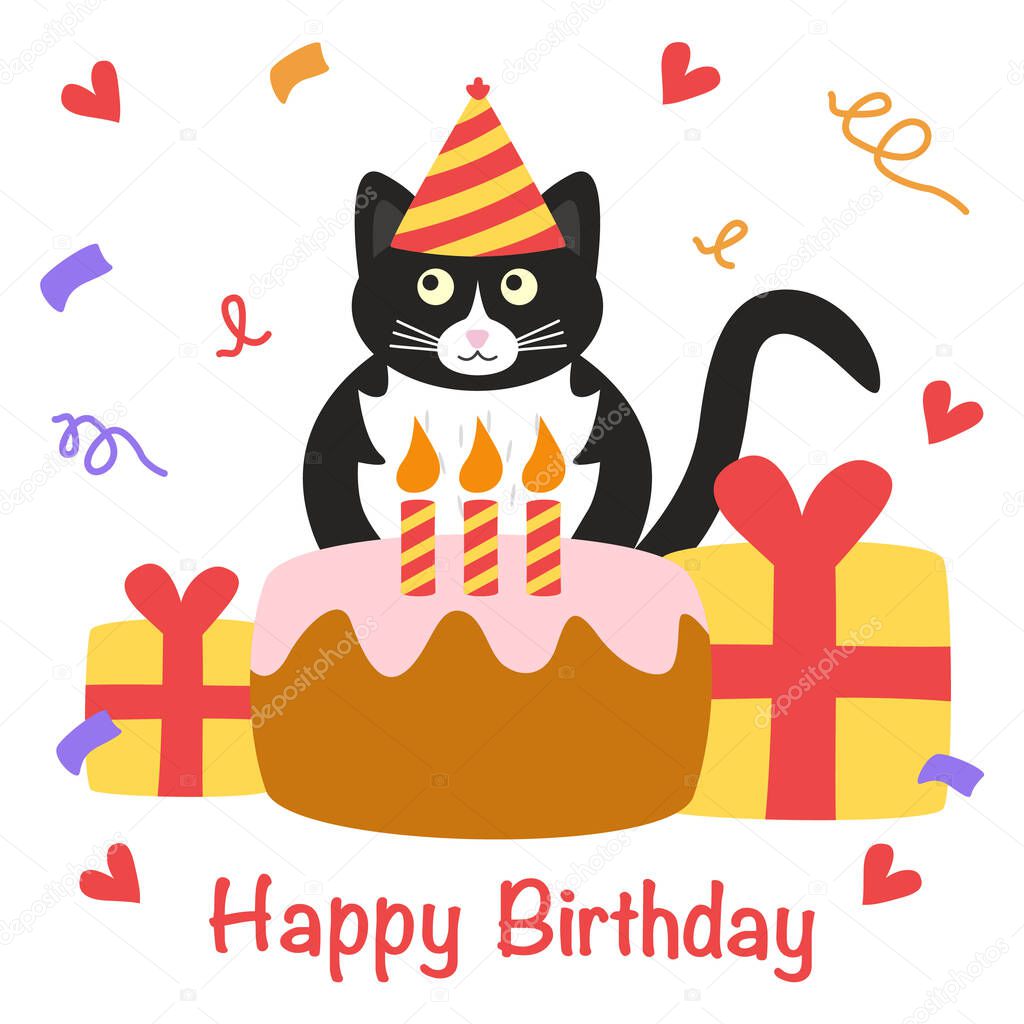 Cute black cat with a gift box and birthday cake in a multi-colored cap  and a serpentine on the background. Happy birthday greeting card. Doodle vector illustration.