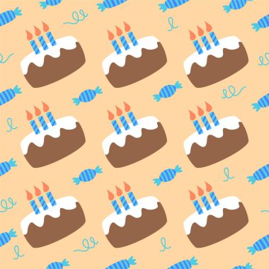 Sarı arka planda krem peynirli ve mavi şekerli doğum günü pastası. Doğumgünü pürüzsüz desen.