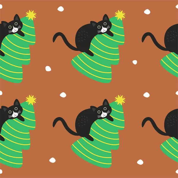 Šílená Černá Kočka Vyšplhala Vánoční Stromek Sněhovými Vločkami Pozadí Vánoční Vektorová Grafika