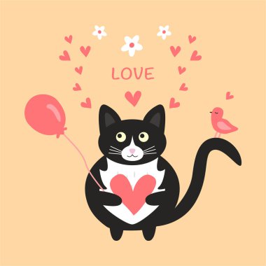 Pençelerinde pembe bir kalp, kuyruğunda pembe bir kuş ve balonla sevimli siyah bir kedi. Sevgililer Günü için aşk kartı. Doodle vektör illüstrasyonu.