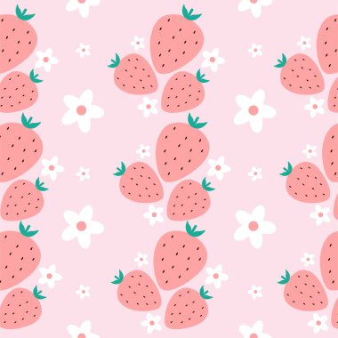 Pembe arka planda tatlı pembe çilek ve beyaz papatya çayı. Romantik böğürtlen süsü. Çiçeksiz desen.