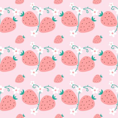 Pembe arka planda pembe çilek ve beyaz çiçekler. Romantik çiçek süsü. Böğürtlensiz desen.