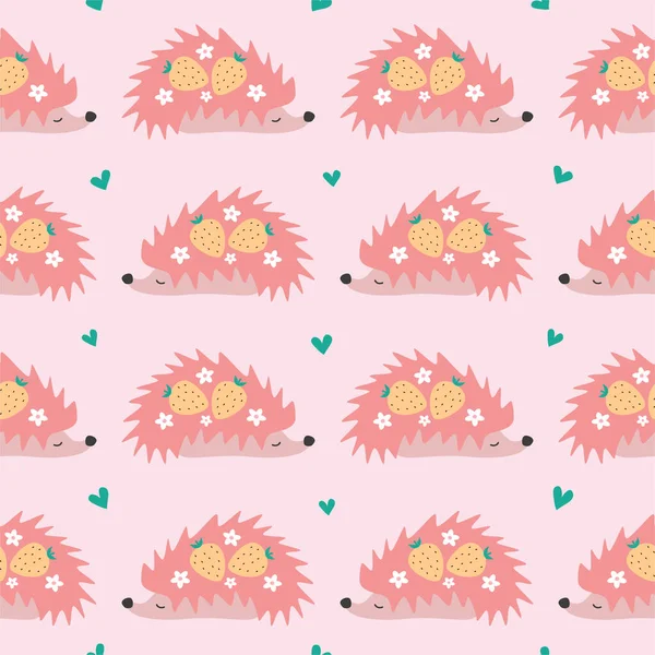 Cute Pink Hedgehog Yellow Strawberries White Flowers Green Hearts Pink — Stock Vector