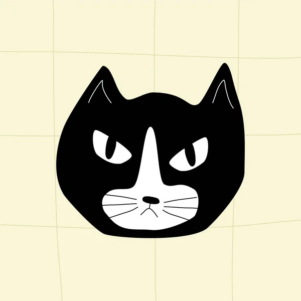 Черно Белый Злой Кот Голова Сварливой Черной Кошки Большими Сердитыми — стоковый вектор