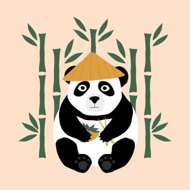 Çin şapkalı, çubuklu ve yemek kaseli şirin bir panda. Nesli tükenmekte olan Çin pandası. Arka planda bambu ormanı olan panda çizgi filmi. Doodle illüstrasyon vektörü.