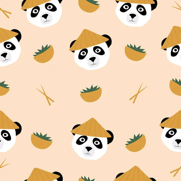 Roztomilá Panda Čínském Klobouku Hůlkami Miskou Jídlo Pandův Kreslený Film Stock Vektory