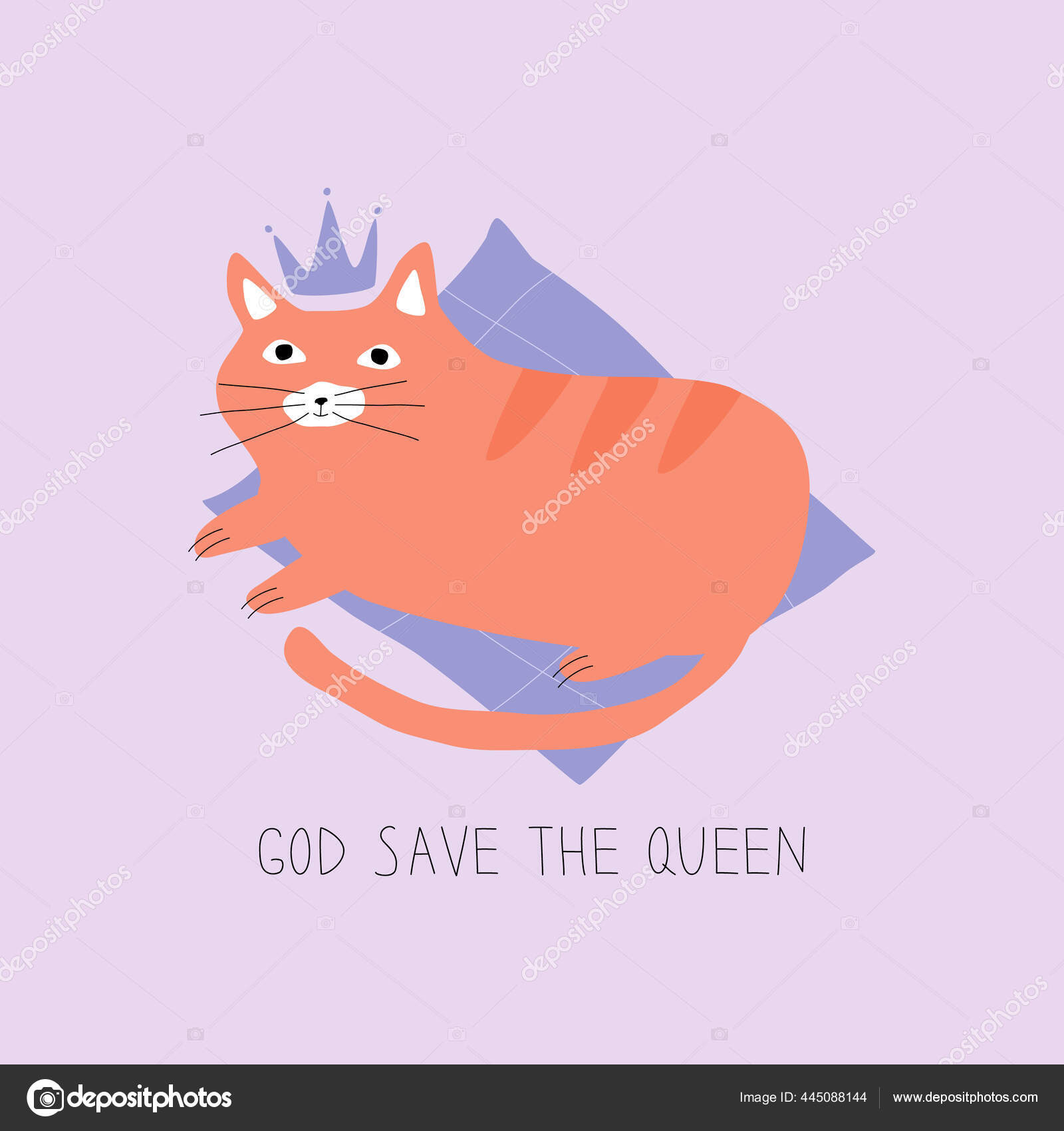 可爱的生姜猫头戴皇冠躺在紫色枕头上橙色猫后上帝拯救女王有趣的卡片doodle矢量说明 图库矢量图像 C Frauhellen