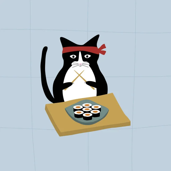 Милая Черная Кошка Палочками Еды Тарелкой Суши Кошка Кавайи Традиционная — стоковый вектор