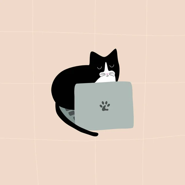 ノートパソコンで寝てる可愛い黒猫 漫画の猫とコンピュータ 落書きイラストベクトル — ストックベクタ