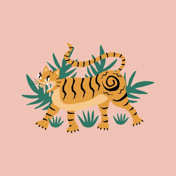 Tigre Enojado Ilustración Del Vector Selva Tigre Asiático Salvaje Arte — Vector de stock