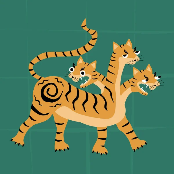 Tříhlavý Zlatý Tygr Fantastické Stvoření Tradice Kultura Asie Obrázek Vektoru Stock Ilustrace