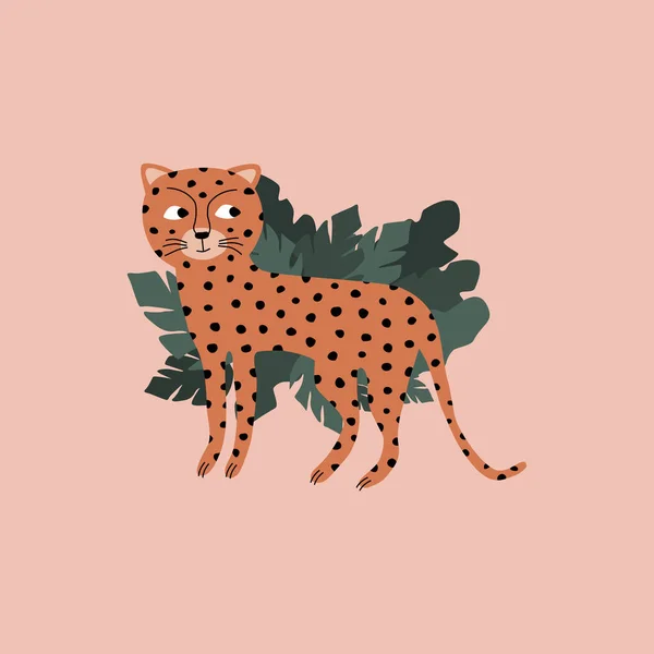 Drôle Guépard Feuilles Jungle Mignon Chat Tacheté Illustration Vectorielle Des — Image vectorielle