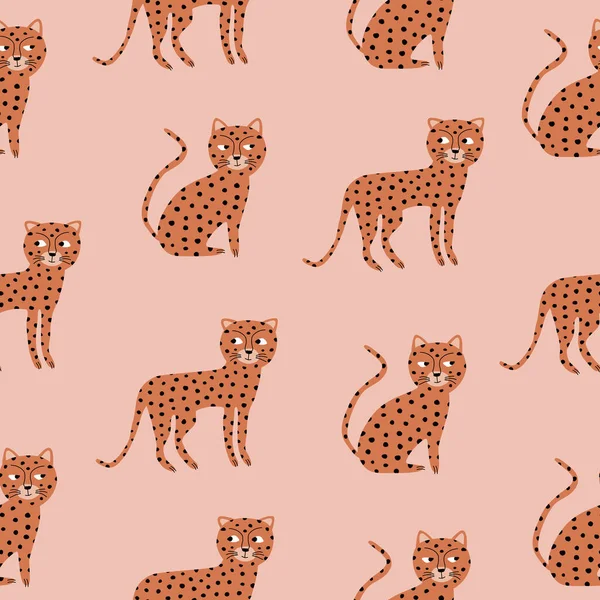 Cute Funny Cheetah Spotted Ginger Cats African Animals Seamless Pattern — Stock vektor