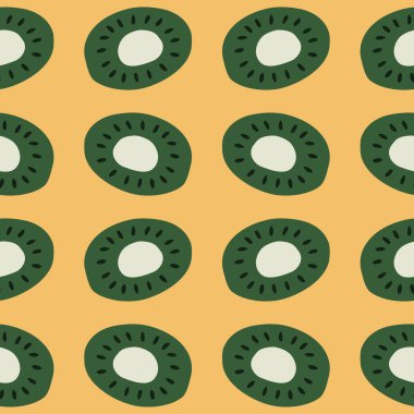 Sarı arka planda kivi meyvesi. Tropikal meyvesiz desen.