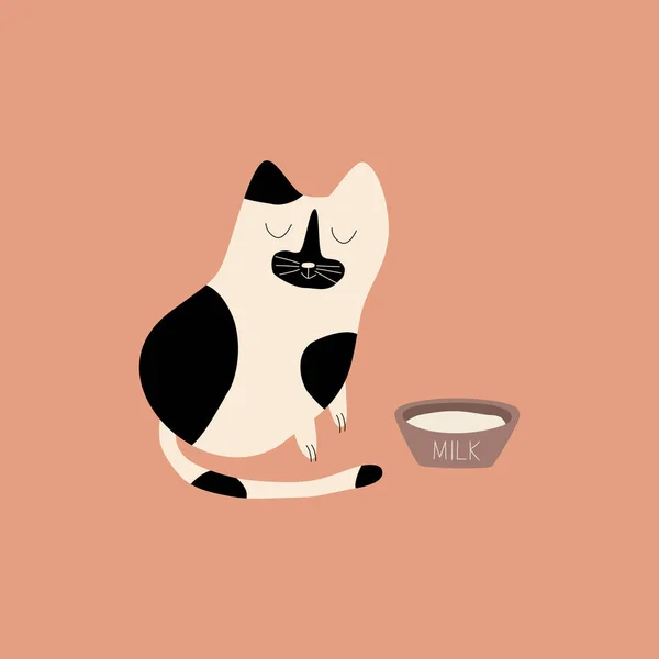 Mignon Chat Noir Blanc Bol Lait Illustration Vectorielle Animaux Drôles — Image vectorielle