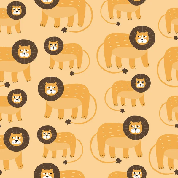 Graciosos Leones Con Ojos Raros Animales Savannah Patrón Sin Costura — Vector de stock