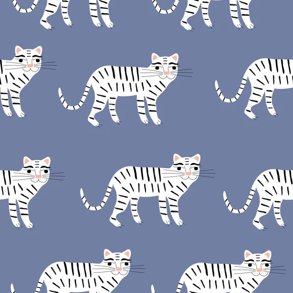 Vita Tigrar Blå Bakgrund Rolig Stor Katt Djur Sömlöst Mönster — Stock vektor